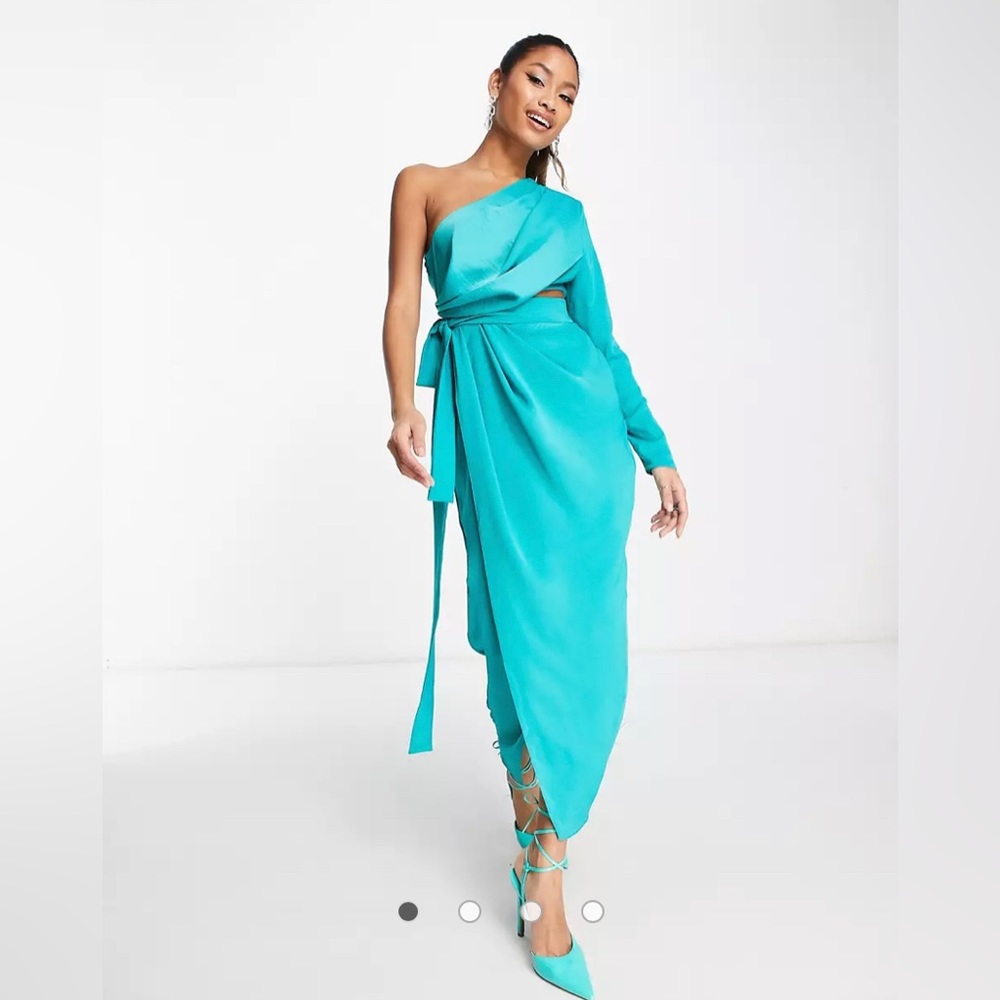 ASOS Design textured satin one sleeve midi dress with cut out waist in blue